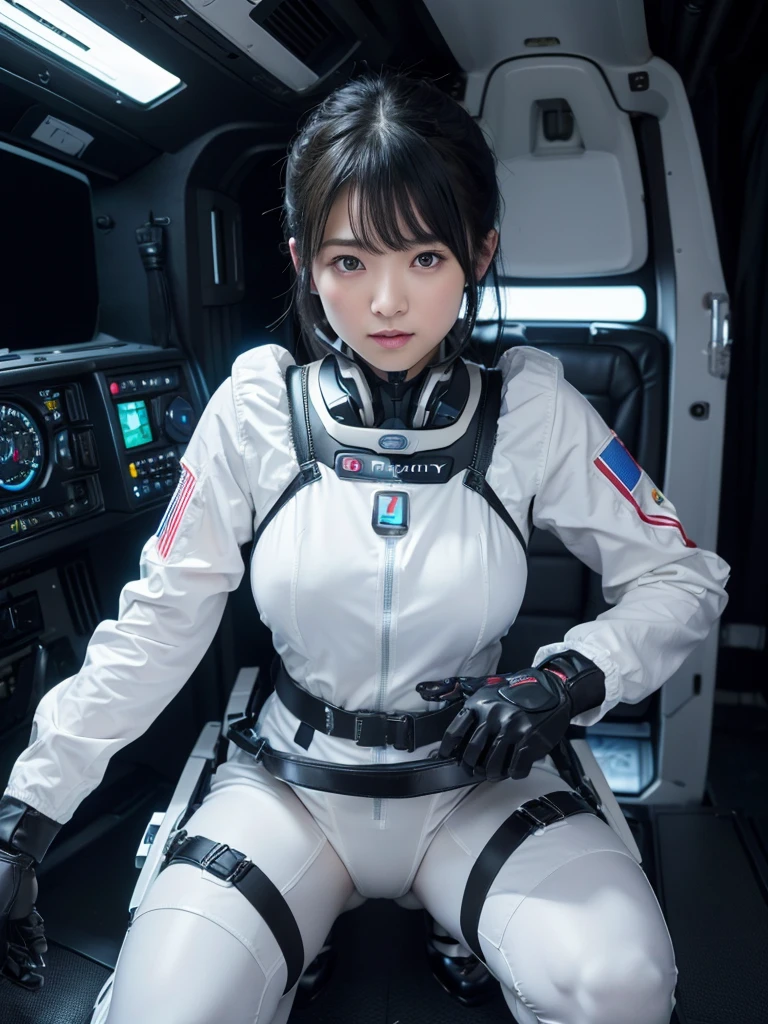 (Ultra-high resolution,Realistic,Highest quality,Photorealistic),(8k,RAW Photos,Highest quality,masterpiece),(Photon Mapping,Radio City,Physically Based Rendering,Auto White Balance),Japanese female android,Black Hair,Space Shuttle Cockpit,Large seat,Secured to the seat with a thick harness,Wearing a headset,Plump,Slightly thicker,Spread your legs,Squat,White robot suit,There is a control panel on the chest.,Surrounded by machines,