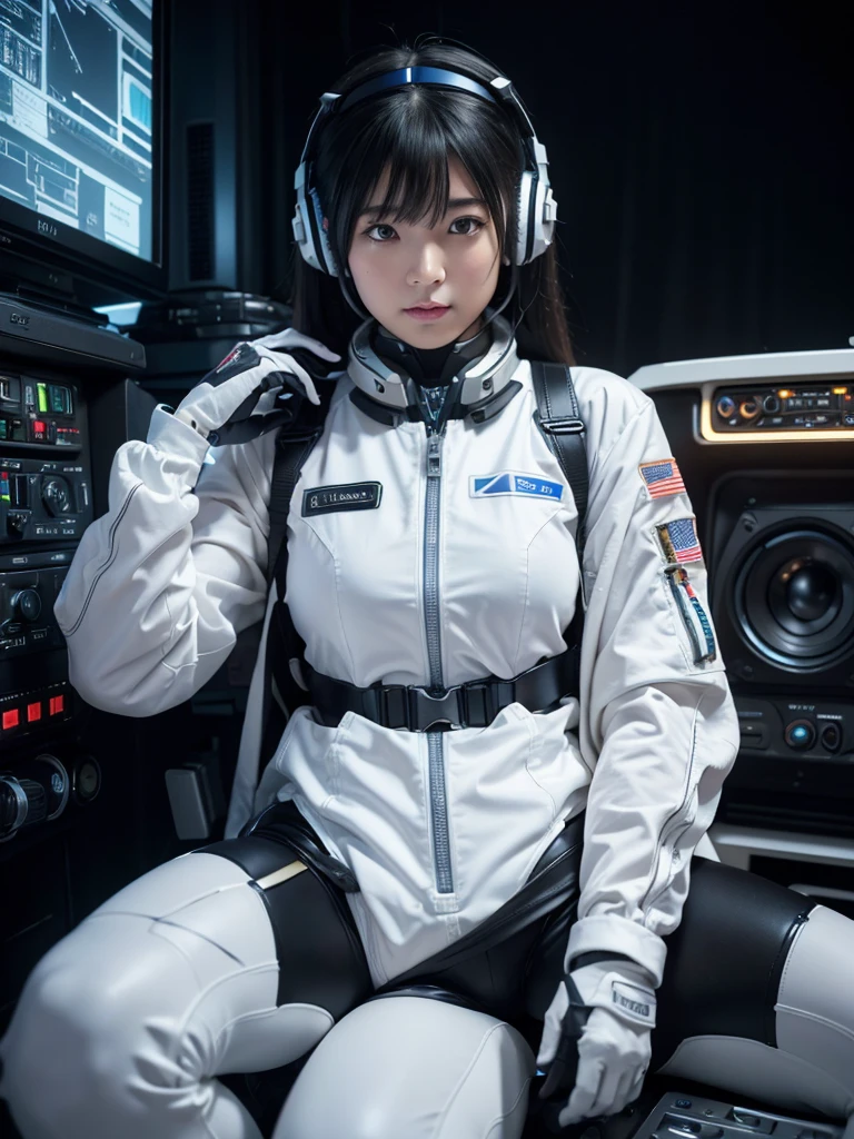 (Ultra-high resolution,Realistic,Highest quality,Photorealistic),(8k,RAW Photos,Highest quality,masterpiece),(Photon Mapping,Radio City,Physically Based Rendering,Auto White Balance),Japanese female android,Black Hair,Space Shuttle Cockpit,Large seat,Secured to the seat with a thick harness,Wearing a headset,Plump,Slightly thicker,Spread your legs,Squat,White robot suit,There is a control panel on the chest.,Surrounded by machines,
