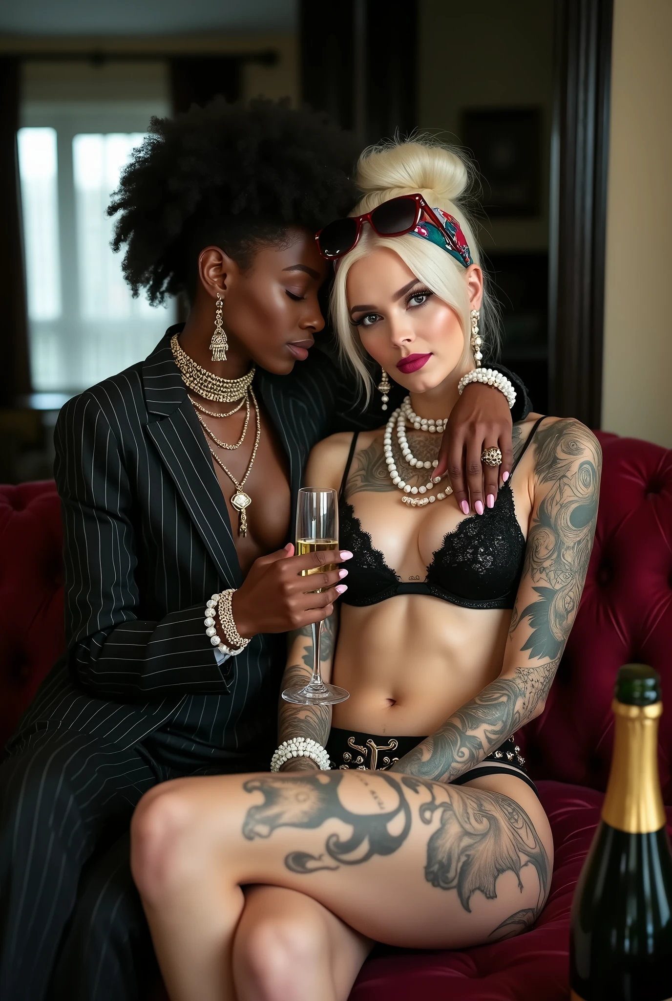 Two russian old milf women: the dominant aggressive dark skinned black woman in business pinstripe suit (jacket and trousers), long nails and afro hair, sitting on the center of a dark red sofa with possessive stance (arm around her girlfriends' shoulders squishing her tightly, touching the neck of the white woman with her other hand, like a predator on her prey). Next to her, her white rich drunk girlfriend looks at the camera (white woman is very pale: pale face, pale neck, pale chest, pale arms, pale hands, pale stomach, pale leg), white woman stretches her neck, and looks at the camera feeling overwhelmed by her girlfriend. white woman is shy and submissive, feeling dizzy and needy white woman is being seduced. White woman separates her legs, White woman"s back is arched down, wide open legs. White woman dresses in rock chic style: Black shiny studded thong with white seams, platinum blonde hair (pouf, top messy bun, colourful bandana as headband) and oversized square sunglasses as headband. Big lips. Black studded lace push up bra, big breasts. Barefoot.. Lots of thick wide studded bracelets in the wrists of the white woman, big pearl necklaces around the necks of the white woman, and big rings, Pearl earrings. Loose chains and studdedbelts around the hips of the white woman. White woman holds a glass of champagne White woman is lazy, leaning back and forward, and arching down her back.. The white woman is densely tattooed on neck, tattoed chest, tattoed arms, tattoed stomach, tattoed legs, wrists and feet. White woman havs well Toned abdominals, thin neck, slim legs and thin arms. Narrow hips. The body of the white woman is twisted in a lazy posture. Full body. On the dark red sofa of an expensive apartment of NYC, two bottles of champagne on the floor. Good illumination