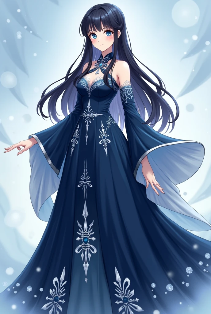 anime girl full body Hair: Freya has long, midnight-black hair that falls in soft waves to the middle of her back. The natural shine of her locks reflects the light, giving her a silky, well-groomed appearance. She often wears her hair loose, with a few thin braids at the sides, adorned with an elegant snowflake-shaped brooch. This brooch, made of silver and encrusted with small gemstones, symbolizes her affinity with ice and stands out delicately among her dark hair.
Eyes: Her eyes are a deep blue, reminiscent of Arctic ice. They are piercing and intense, conveying an inner strength and determination that few can ignore. When she is focused or in moments of introspection, her eyes seem to shine even brighter, reflecting her intelligence and insight.
Skin: Freya has clear, pale skin, almost like porcelain, contrasting with the darkness of her hair. Her skin is smooth and flawless, the result of the care typical of her noble position. However, she does have a natural blush on her cheeks, which adds a touch of vitality to her appearance.
Attire: Dress: A long, navy blue gown made of velvet, with a fitted bodice that accentuates the waist. The dress has long sleeves that taper at the cuffs, with silver embroidered details, including snowflake symbols, reflecting Freya's affiliation with ice. The neckline is high and adorned with fine silver lace. The skirt opens in layers that fan gracefully around her, giving her a stately and majestic presence.
Height and Build: Freya is of average height, with a slender, athletic body, the result of years of physical training. Her posture is erect and confident, reflecting both her noble background and her unwavering determination. Despite her delicate appearance, her body displays latent strength, especially in her arms and legs, evidence of her rigorous training in swordsmanship and combat.
Facial Expression: Freya's expression is generally calm and collected, with a slight smile that rarely breaks. Her facial features are