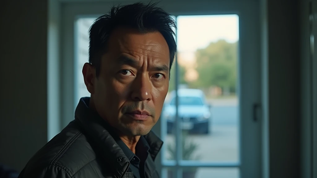 Ultra-realistic portrait of a man in his 40s, with short black hair, dark brown eyes and light brown skin. His expression is enigmatic and slightly threatening. He is wearing a dark suit.
The man is in the living room of a home. The background has an open door and a glass window overlooking the street, showing elements of the exterior of the house seen through the door, but it should be blurred so as not to distract attention from the main subject.
The lighting should be soft and natural, with the morning light coming from the side, creating subtle shadows that accentuate the man's serious expression. The light should highlight the eyes and the texture of the skin, emphasizing the seriousness of the situation.
The image should convey a sense of formality and tension, with a touch of urgency. Suggest a neutral color palette, such as greys and blues, that complements the atmosphere of the morning.
The photo should be of high quality, with 8k rendering and extreme detail, capturing the emotional essence of the moment.