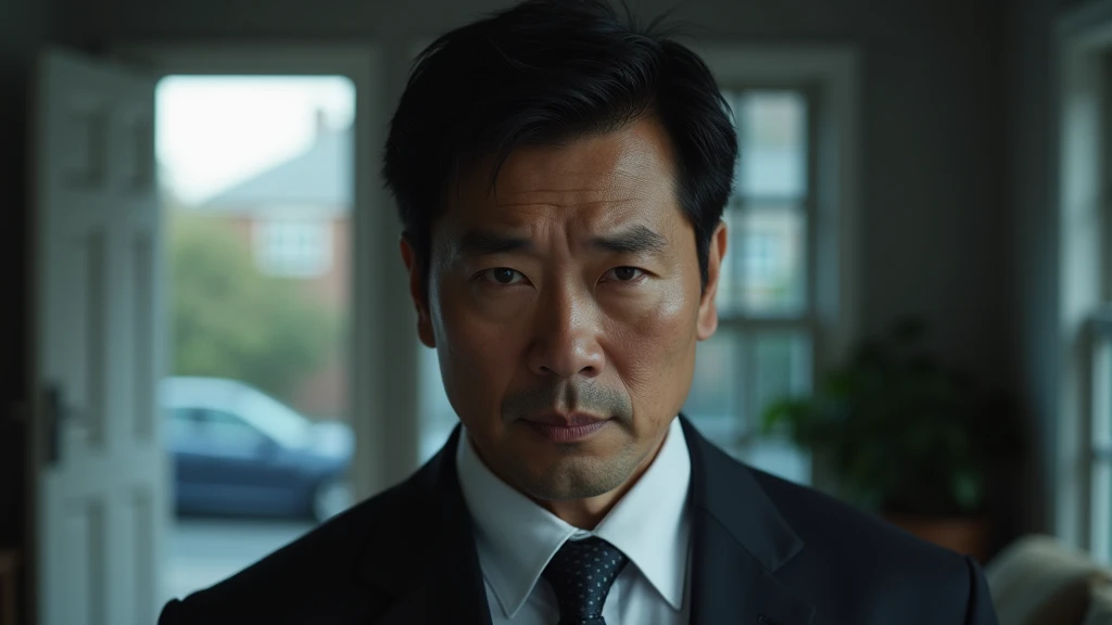 Ultra-realistic portrait of a man in his 40s, with short black hair, dark brown eyes and light brown skin. His expression is enigmatic and slightly threatening. He is wearing a dark suit.

The man is in the living room of a home. The background has an open door and a glass window overlooking the street, showing elements of the exterior of the house seen through the door, but it should be blurred so as not to distract attention from the main subject.

The lighting should be soft and natural, with the morning light coming from the side, creating subtle shadows that accentuate the man's serious expression. The light should highlight the eyes and the texture of the skin, emphasizing the seriousness of the situation.

The image should convey a sense of formality and tension, with a touch of urgency. Suggest a neutral color palette, such as greys and blues, that complements the atmosphere of the morning.

The photo should be of high quality, with 8k rendering and extreme detail, capturing the emotional essence of the moment.