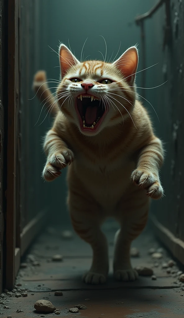 The cat looked scared and was trying to wiggle free.