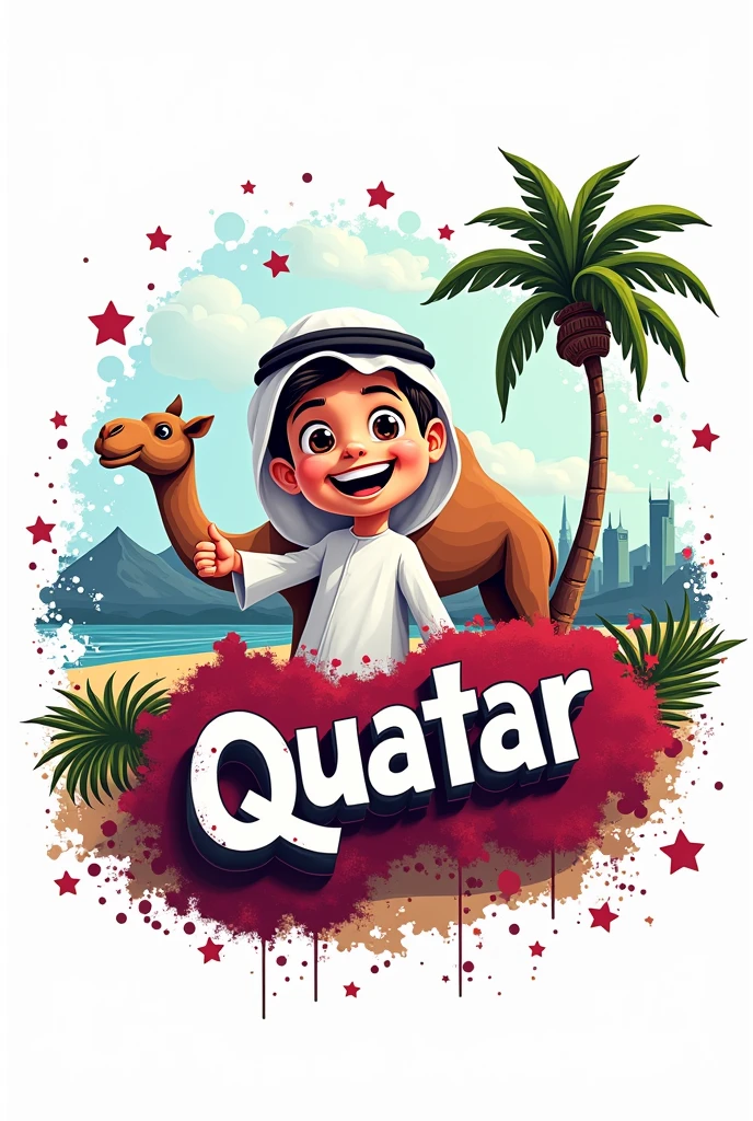 Abstract graffiti style drawing of the "I Love My Country" logo. The logo is a cartoon image of a smiling Qatari boy in traditional dress with a camel behind him, with mountains, a palm tree and the capital Doha with buildings in the background. The background is a vibrant white color. The graffiti style includes elements such as stars, a camera and swirls. The logo also has the text "Qatar" in the middle of the image