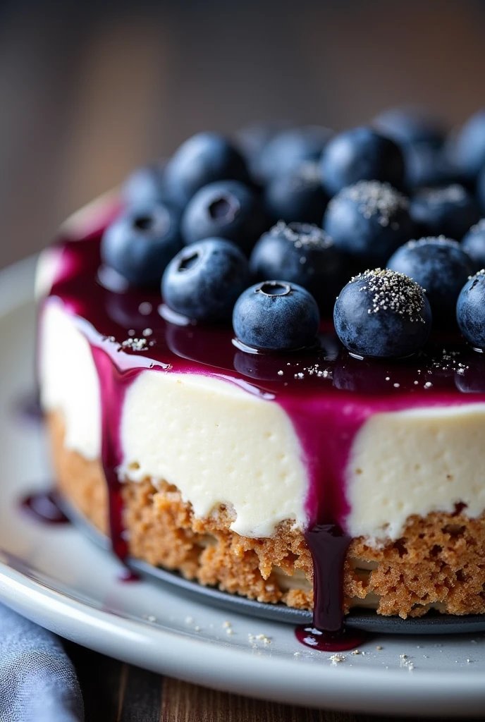 Ingredients:
base:

200 g digestive or graham crackers 100 g unsalted butter, melted 1 tablespoon sugar Filling:

500 g cream cheese, at room temperature 200 g of natural Greek yogurt (Sugar free)
150 g sugar 3 large eggs 1 teaspoon vanilla extract 1 tablespoon lemon juice 1 tablespoon flour (to stabilize)
200 g fresh or frozen blueberries Topping:

150 g fresh blueberries 2 tablespoons sugar 1 tablespoon lemon juice 1 teaspoon lemon zest (Optional)
1 tablespoon water Instructions:
Prepare the Base:

Preheat the oven to 175°C (350°F).
Crush the cookies until you get fine crumbs (you can use a food processor).
Mix the cookie crumbs with the melted butter and sugar until well combined..
Press the cookie mixture into the bottom of a 9-inch springform pan. (9 inches) to form a compact base.
Bake the base for 10 minutes, Then remove and let cool while you prepare the filling..
Prepare the filling:

Reduce the oven temperature to 160°C (325°F).
In a large bowl, Beat the cream cheese with the sugar until smooth and creamy.
Add the Greek yogurt and mix until well combined..
Add the eggs one by one, beating after each addition. Do not overbeat to avoid cracks forming in the cheesecake..
Add the vanilla, lemon juice and flour. Mix until combined.
Gently fold in the blueberries with a spatula..
Baking the cheesecake:

Pour the cheese mixture into the mold with the cookie base.
Place the mold on a baking sheet and fill it with hot water until it reaches halfway up the sides of the mold. (bain-marie).
Bake for 55-65 minutes, or until the edges are firm but the center is still slightly wobbly.
Turn off the oven and leave the cheesecake inside with the door ajar for 1 hour to cool slowly. (This helps prevent cracking