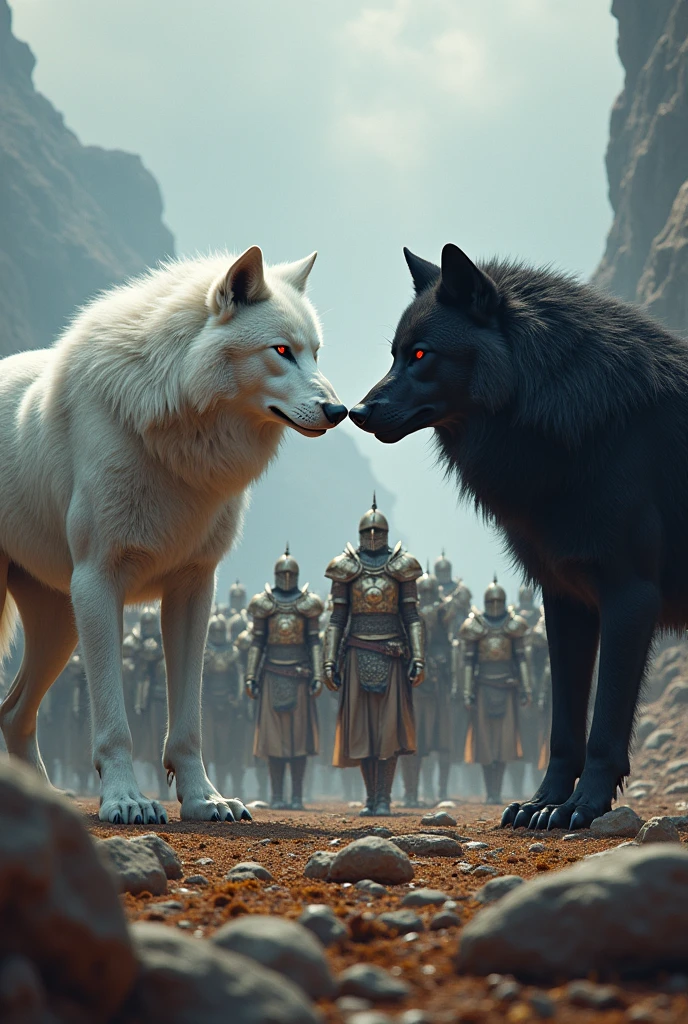 Army of big wolves and male soldiers the immaculate ancient soldiers.
In front of them two imposing werewolves, a white Alpha and a black Alpha with red eyes leading and guiding them War scene The soldiers on the right, wolves on the left, joined, wolf pack, Pack .
ONLY ALPHAS ARE BLACK AND WHITE.
being guided by the alphas.
