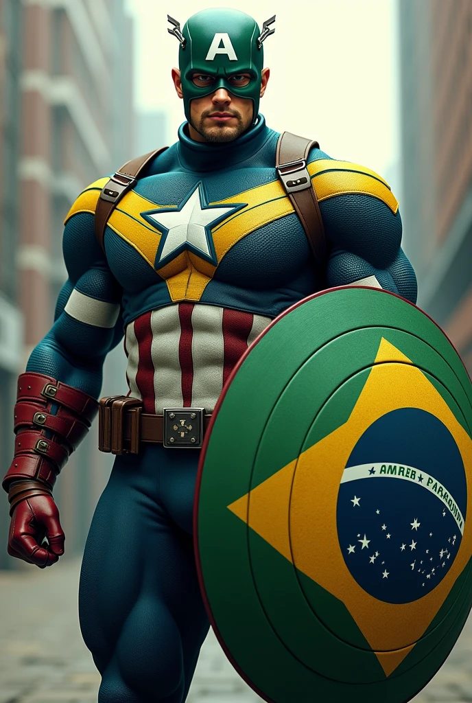 Create an image of a Brazilian version of Captain America, using the colors of the Brazilian flag. He is a superhero with a mask and uniform featuring green, yellow, blue, and white, inspired by the Brazilian flag. He is in a frontal pose, standing confidently with his shield, which has a design resembling the Brazilian flag symbol, with an urban background.