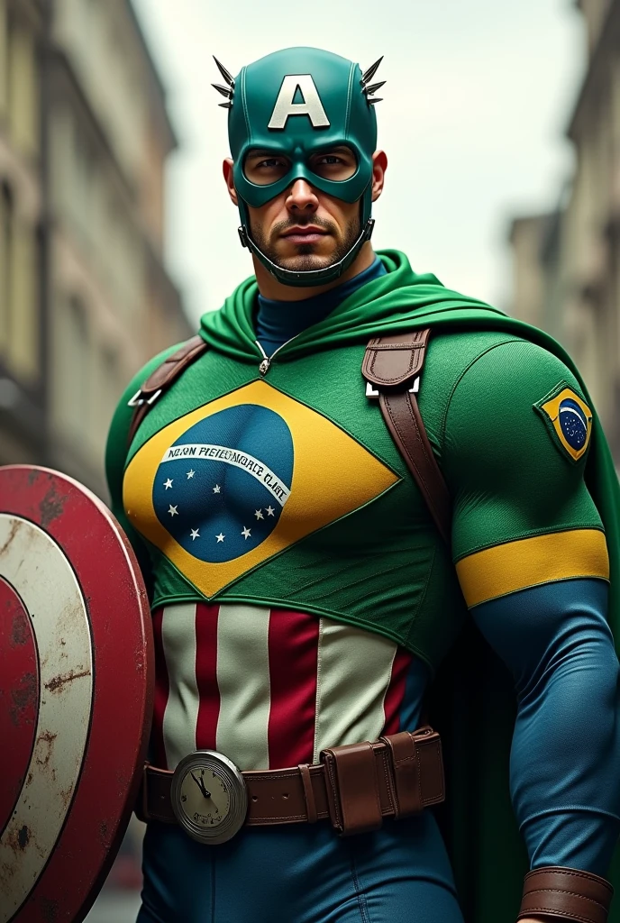 Create an image of a Brazilian version of Captain America, using the colors of the Brazilian flag. He is a superhero with a mask and uniform featuring green, yellow, blue, and white, inspired by the Brazilian flag. He is in a frontal pose, standing confidently with his shield, which has a design resembling the Brazilian flag symbol, with an urban background.