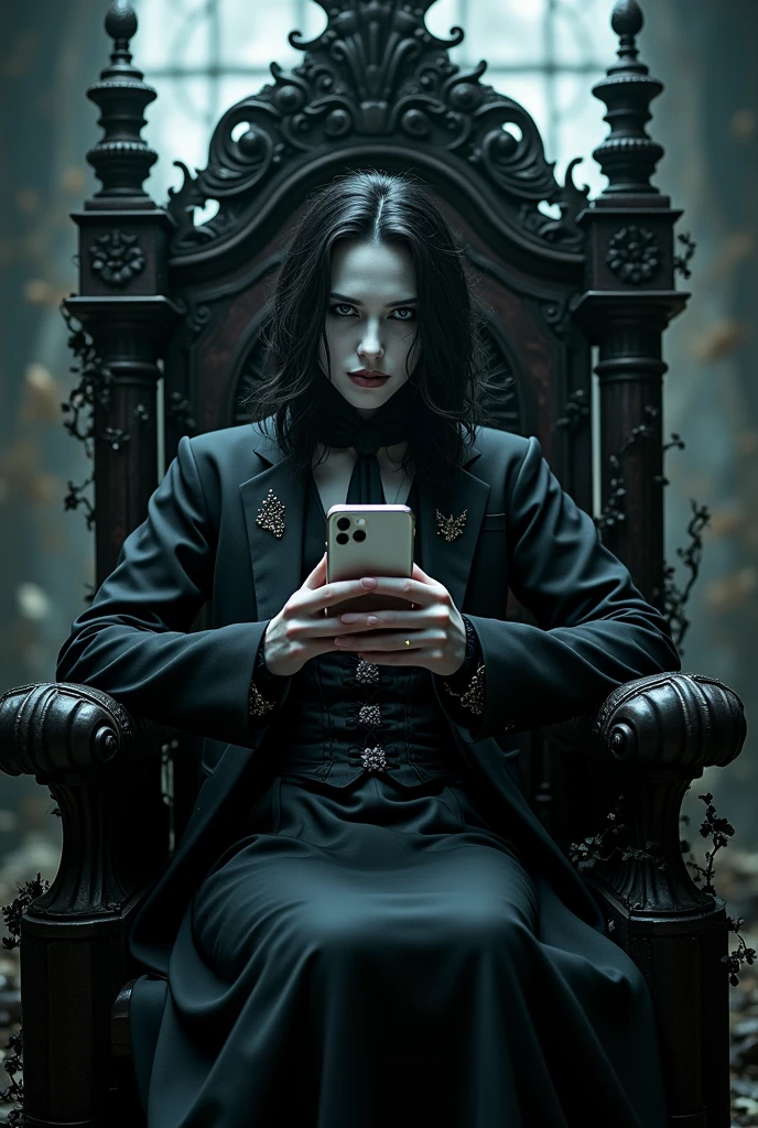 Create the wide-shot (((full-body:1.5))) image of a handsome vampire, noble and elegant lady, Beautiful alluring colorless eyes, A vampire with a refined and elegant appearance, Loose long hair and angular features, her skin should be pale and flawless, With a touch of potus transcendental beauty, her eyes should be deep and seductive, (They have to wear detailed and intricate steampunk and detailed gothic valkyrie, Fluttering lace flared long knee length dress with frilly petticoats, long dress, knee length dress, pleated petticoats, ta dress, petticoats gothic loliside-lighting), sitting, leaning on an empty vacant throne, grand in scale and intricacy, blurring the lines between throne and shrine,, and covered in black vines and roots, the background should be shrouded in shadow, Just a hint of moonlight broke through the darkness, ((((In the hands holds a iphone that spreads its glow on his beautiful body)))), What is presented to others, gothic art style, Ultra-realistic realism, Psychedelic surrealist art, Surreal psychedelic design, Dreaming style, psychedelic art, Quality Quantity, skin texture, intricate details, (cinematic graphic lighting), RAW, 8K,