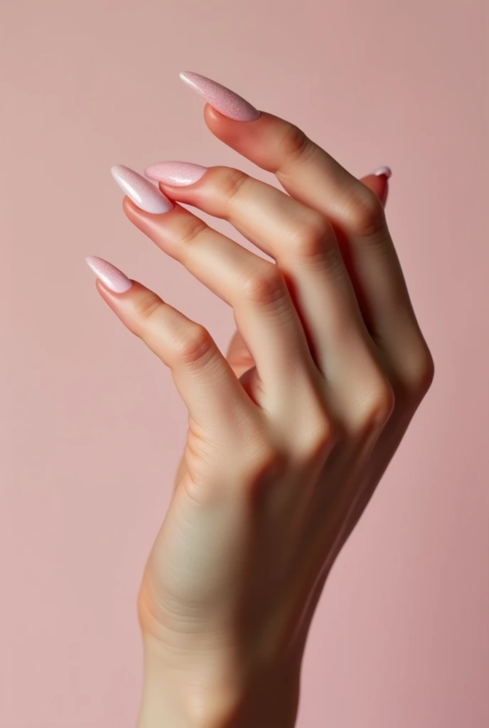 uniquement une seule mains avec les ongles vernis couleur rose pâle