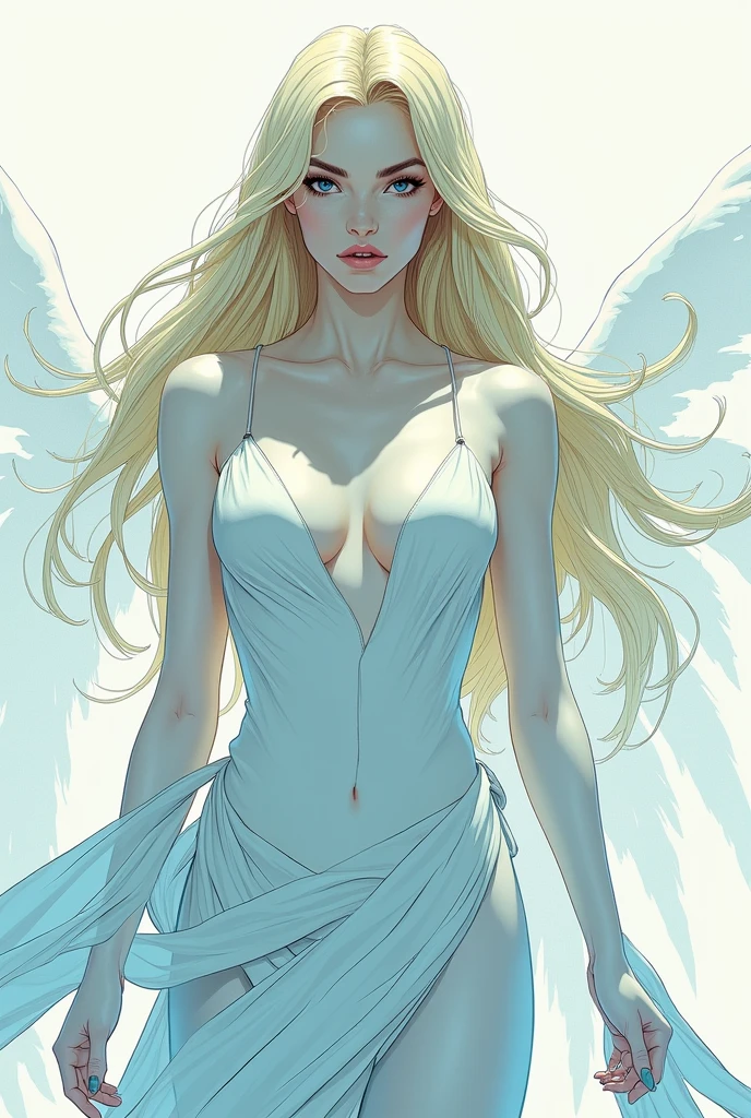 Human Comics style Zafira a pale woman with dark blue eyes like the sky, wrapped in long sheets of air that cover her body and long blond hair