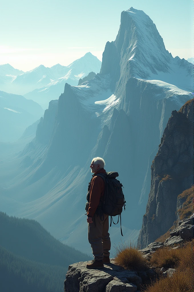 I want a picture of an old man standing on the edge of a high mountain