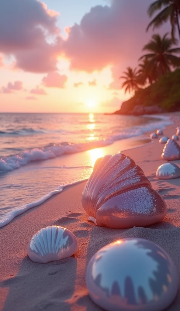 Capture a vibrant and serene beach scene at sunset, showcasing a stunning array of glossy, oversized seashells and pearls scattered along the sandy shore. The photo should feature a dreamy color palette of pinks, purples, and soft blues, with the setting sun casting a warm, golden glow across the ocean waves and the shells. The water should have gentle ripples, reflecting the pastel hues of the sky, while the shells and pearls glisten with a smooth, iridescent finish. Include a few palm trees in the background, with their silhouettes softly lit by the fading sunlight. The overall composition should evoke a sense of tranquility, beauty, and artistic elegance, perfect for enhancing the visual appeal of a website focused on serene and enchanting imagery