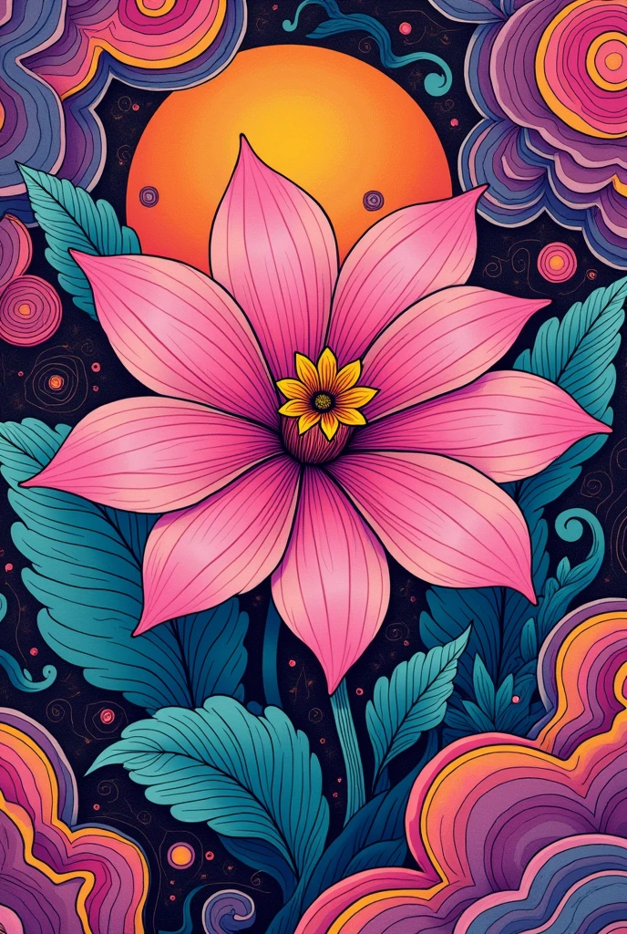 square label wider than long , that has a pink flower abstract Chinese psychedelic drawings of various colors