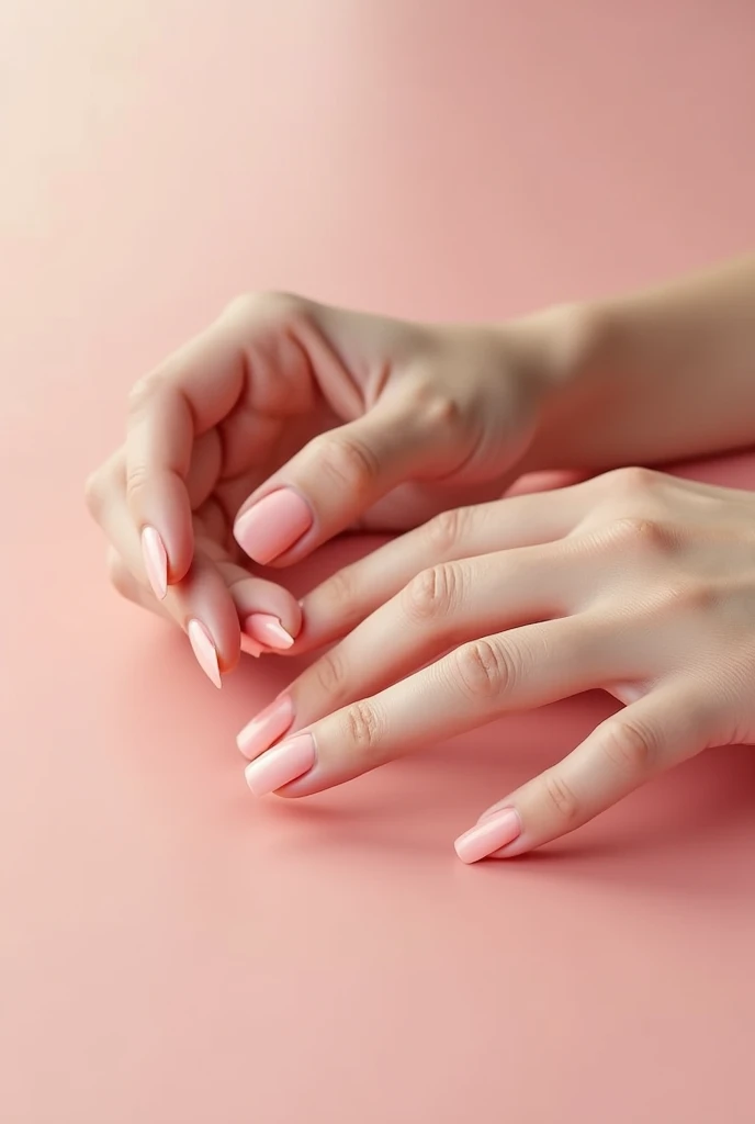 uniquement une seule mains avec les ongles courts vernis couleur rose pâle 
