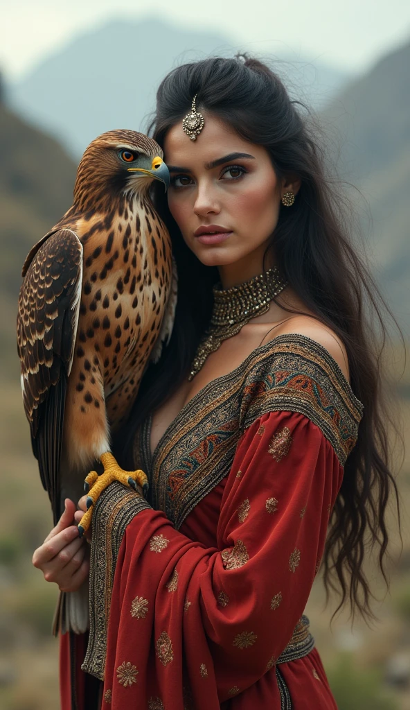 full body image,AFGHANISTAN women are very beautiful.,Her face and mannerisms looked thrilling. LARGE BREASTS AND DETAILED CLEAVAGE HOLDING A HAWK ON HER ARM