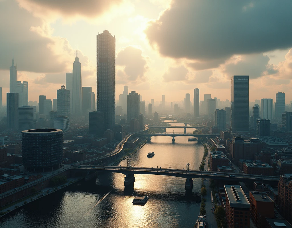 a detailed cityscape of Rotterdam, intricate architecture, modern skyscrapers, canals, bridges, boats, reflections, cloudy sky, warm lighting, cinematic composition, photorealistic, 8k, highly detailed, award-winning CGI, dramatic lighting, moody atmosphere