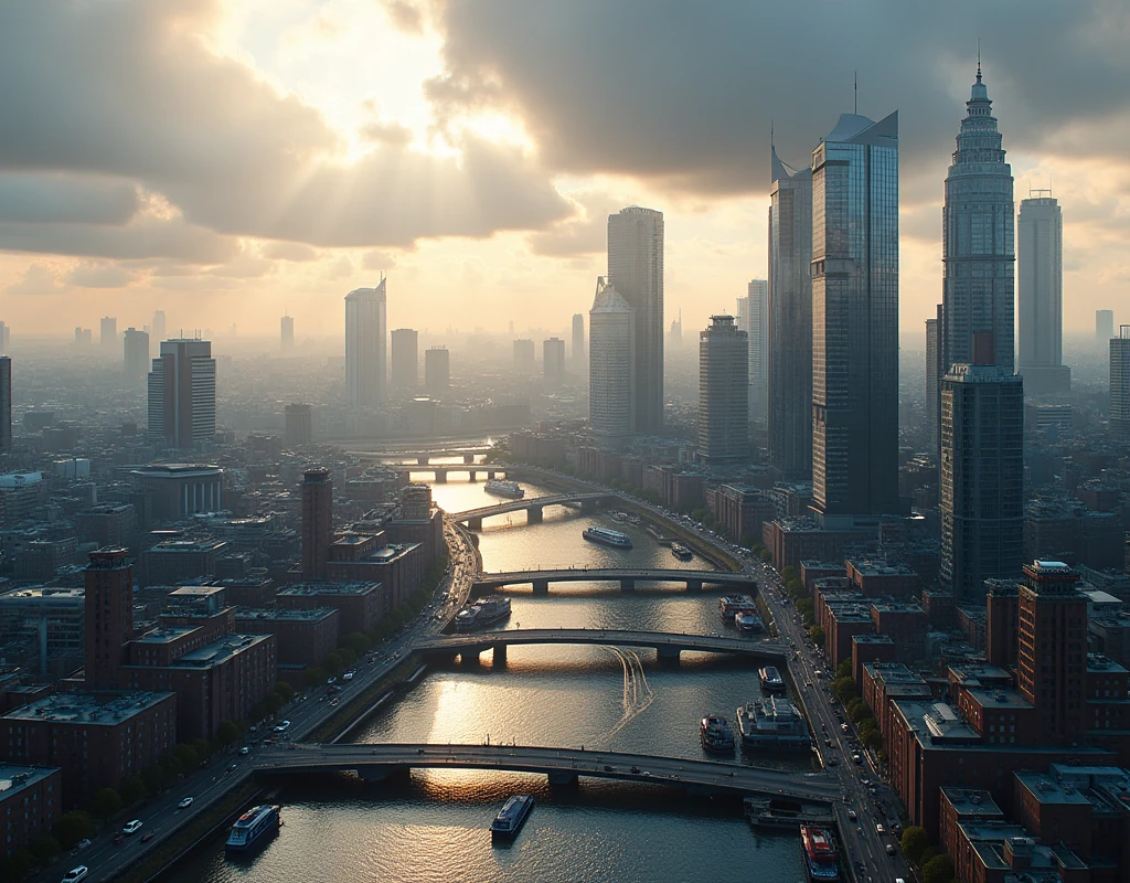 a detailed cityscape of Rotterdam, intricate architecture, modern skyscrapers, canals, bridges, boats, reflections, cloudy sky, warm lighting, cinematic composition, photorealistic, 8k, highly detailed, award-winning CGI, dramatic lighting, moody atmosphere