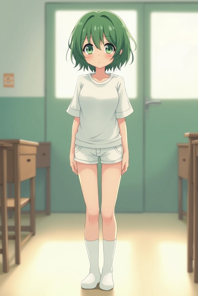 anime slim girl with short green fluffy hair on the face with a slightly dark body with chubby cheeks with white shirt and white pants with white knee-high sock with earrings in ears standing in the school with medium boobs