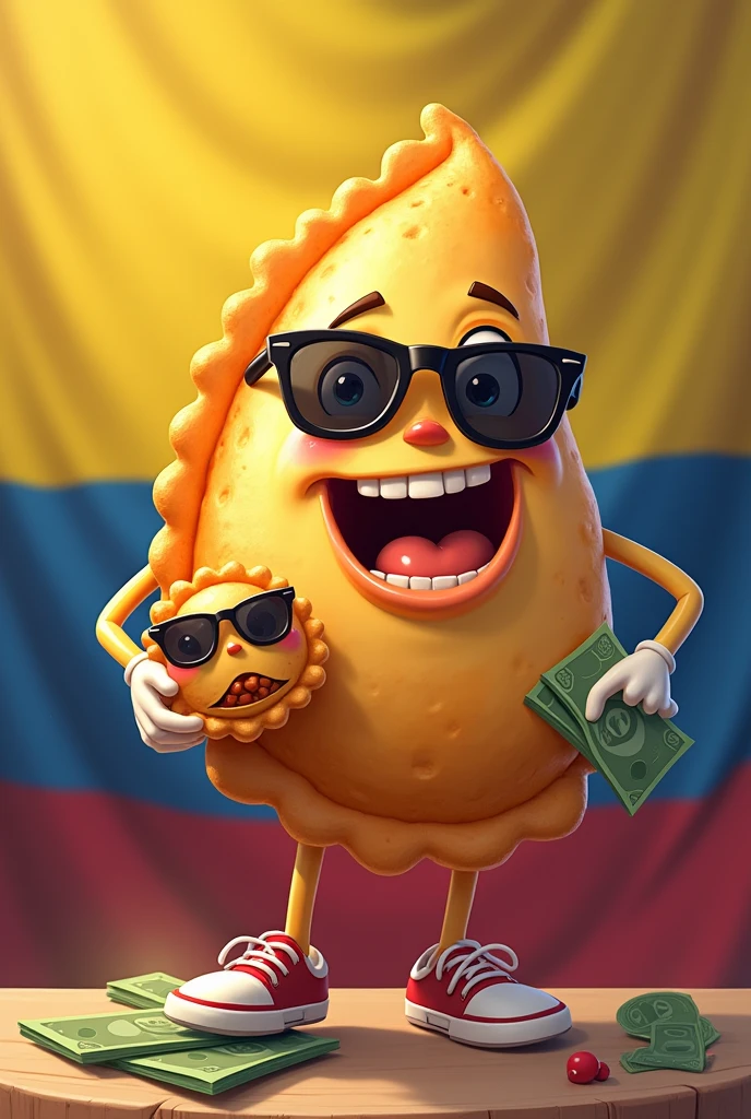 an image of an empanada holding another bitten empanada with sunglasses the empanada that holds it (Colombian empanada) and the empanada that he holds with the Colombian flag behind and with money in the other hand in 2d