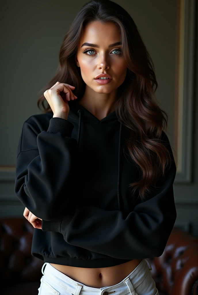 The sexiest 2 European girl with blue eyes and brown hair, she is in her sexiest position, she is looking at us in her sexiest way, 'is the most seductive woman for men, she is wearing a black hoodie, she is wearing white sneakers and white jeans, ultra High resolution, (fotorrealista: 1. 4), High resolution, (finely detailed skin), (blue eyes), (perfect proportions) (realistic photos) (masterpiece) (fotorrealista), ultra-realistic (Best quality) (detailed) photographed with a Canon EOS R5, 50mm lens, f/2.8, (8k) (Wallpaper) (cinematic lighting) (dramatic lighting) (complex) fashion.