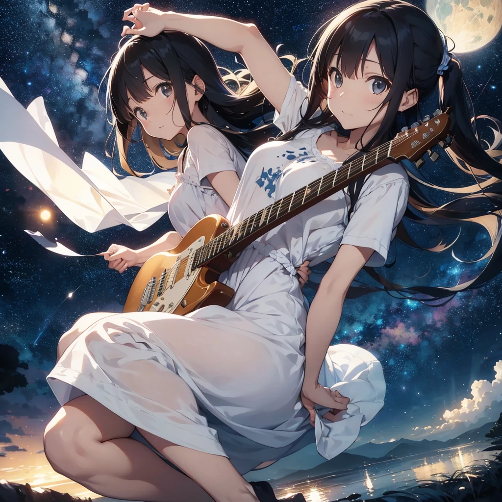 暗い街でStratocasterを弾く, Soft lighting, Peaceful atmosphere, Calm, quiet, relax, Calming, dream-like, Gentle music, Cinematic, Soft Focus, Calm colors, pastel, Nightgown, Stratocaster, Starry Sky, Night view,