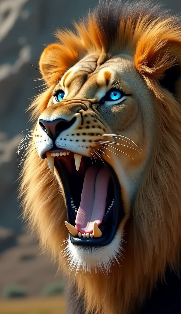 Generate ultra realistic 8k video of a big and strong blue-eyed lion face roaring