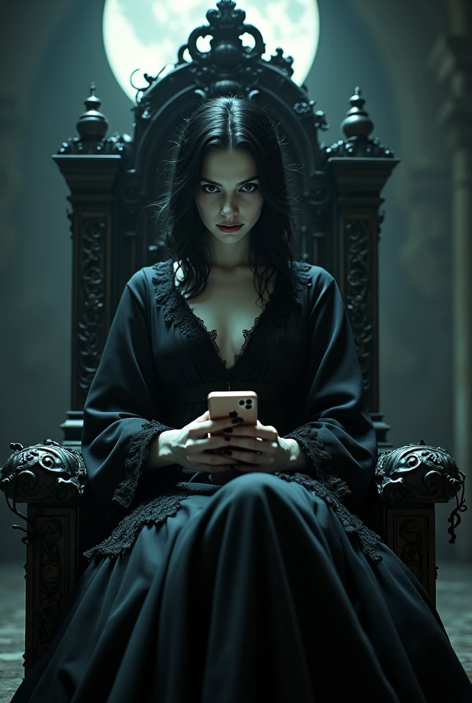 Create the wide-shot (((full-body:1.5))) image of a handsome vampire, noble and elegant lady, Beautiful alluring colorless eyes, A vampire with a refined and elegant appearance, Loose long hair and angular features, her skin should be pale and flawless, With a touch of potus transcendental beauty, her eyes should be deep and seductive, (They have to wear detailed and intricate steampunk and detailed gothic valkyrie, Fluttering lace flared long knee length dress with frilly petticoats, long dress, knee length dress, pleated petticoats, ta dress, petticoats gothic loliside-lighting), sitting, leaning on an empty vacant throne, grand in scale and intricacy, blurring the lines between throne and shrine,, and covered in black vines and roots, the background should be shrouded in shadow, Just a hint of moonlight broke through the darkness, ((((In the hands holds a iphone that spreads its glow on his beautiful body)))), What is presented to others, gothic art style, Ultra-realistic realism, Psychedelic surrealist art, Surreal psychedelic design, Dreaming style, psychedelic art, Quality Quantity, skin texture, intricate details, (cinematic graphic lighting), RAW, 8K,