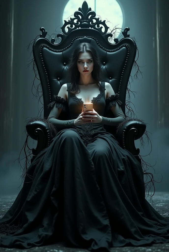 Create the wide-shot (((full-body:1.5))) image of a handsome vampire, noble and elegant lady, Beautiful alluring colorless eyes, A vampire with a refined and elegant appearance, Loose long hair and angular features, her skin should be pale and flawless, With a touch of potus transcendental beauty, her eyes should be deep and seductive, (They have to wear  detailed and intricate steampunk and detailed gothic valkyrie, Fluttering lace flared long knee length dress with frilly petticoats, long dress, knee length dress, pleated petticoats, ta dress, petticoats gothic loliside-lighting), sitting, leaning on an empty vacant throne, grand in scale and intricacy, blurring the lines between throne and shrine,,  and covered in black vines and roots, the background should be shrouded in shadow, Just a hint of moonlight broke through the darkness, ((((In the hands holds a iphone that spreads its glow on his beautiful body)))), What is presented to others, gothic art style, Ultra-realistic realism, Psychedelic surrealist art, Surreal psychedelic design, Dreaming style, psychedelic art, Quality Quantity, skin texture, intricate details, (cinematic graphic lighting), RAW, 8K,