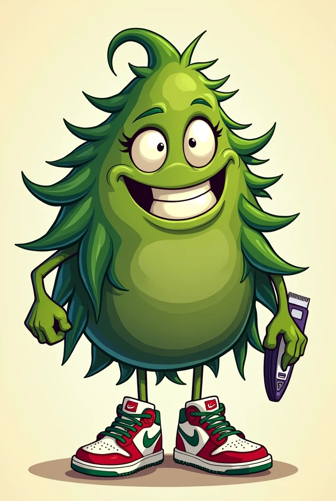 A cartoon marijuana bud with Nike sneakers on its feet and hair clippers in its hands 