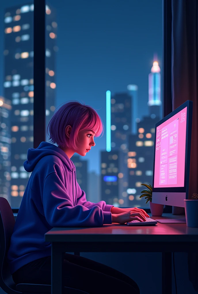 A young woman is seated at a desk in an urban apartment, working late at night on a desktop computer. The setting includes a large window revealing a stunning cityscape at night, with tall skyscrapers lit up with various lights in the distance. The room is dimly lit, primarily illuminated by the glow of the computer screen. The woman has short pink hair and is focused on her work, her face softly lit by the screen. She is wearing a casual purple hoodie. The atmosphere is serene yet focused. The
