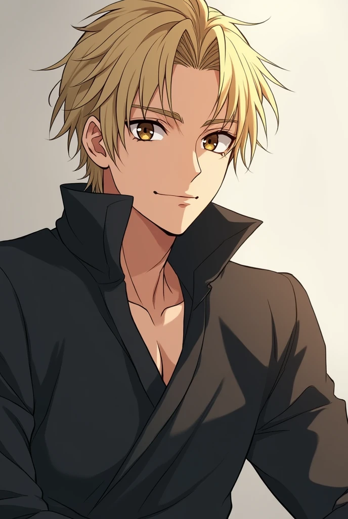 an avatar made with anime features, more specifically the anime jujutsu kaisen, that he has dark blond hair, Caucasian skin, fine nose, eyes browns, black leagwear, It's beautiful, May your affection be neutral with a simple smile