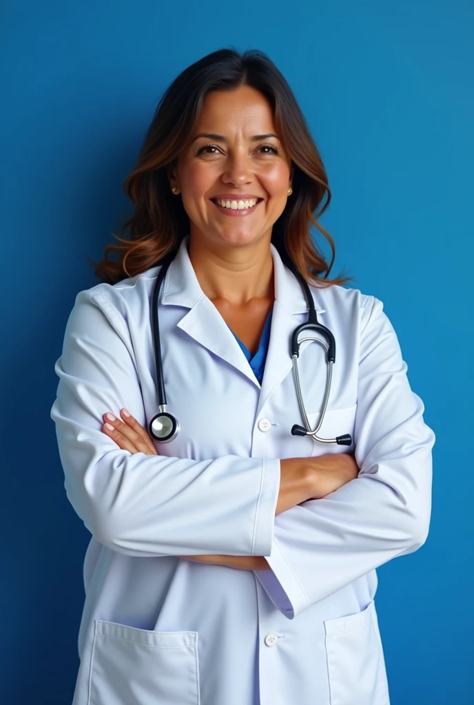 "Create the image of a Brazilian nurse wearing a white coat and with a stethoscope under her shoulders, with medium brown skin and loose brown hair. She should be a middle-aged woman, slightly overweight, with a warm and professional. The background should be a solid royal blue, providing a strong contrast with your white coat. The overall composition should emphasize your approachable and attentive demeanor.