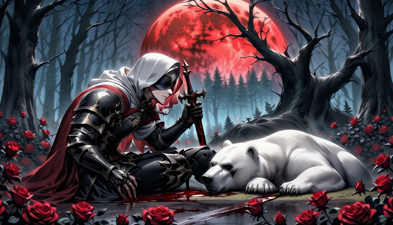 Male knight with a white hood with bear ears with sword behind his back sits on the ground towards a polar bear in a forest while the moon shines, many Roses cover the ground and lightning falls from the sky. The polar bear sleeps in front of the knight. Only the man wears a red blindfold. In the background of the picture is the blood moon and a tree has fallen down in the path. The forest is full of trees with leaves. The armor of the man is black and red roses decorate it. The knight has its sword in his hand.