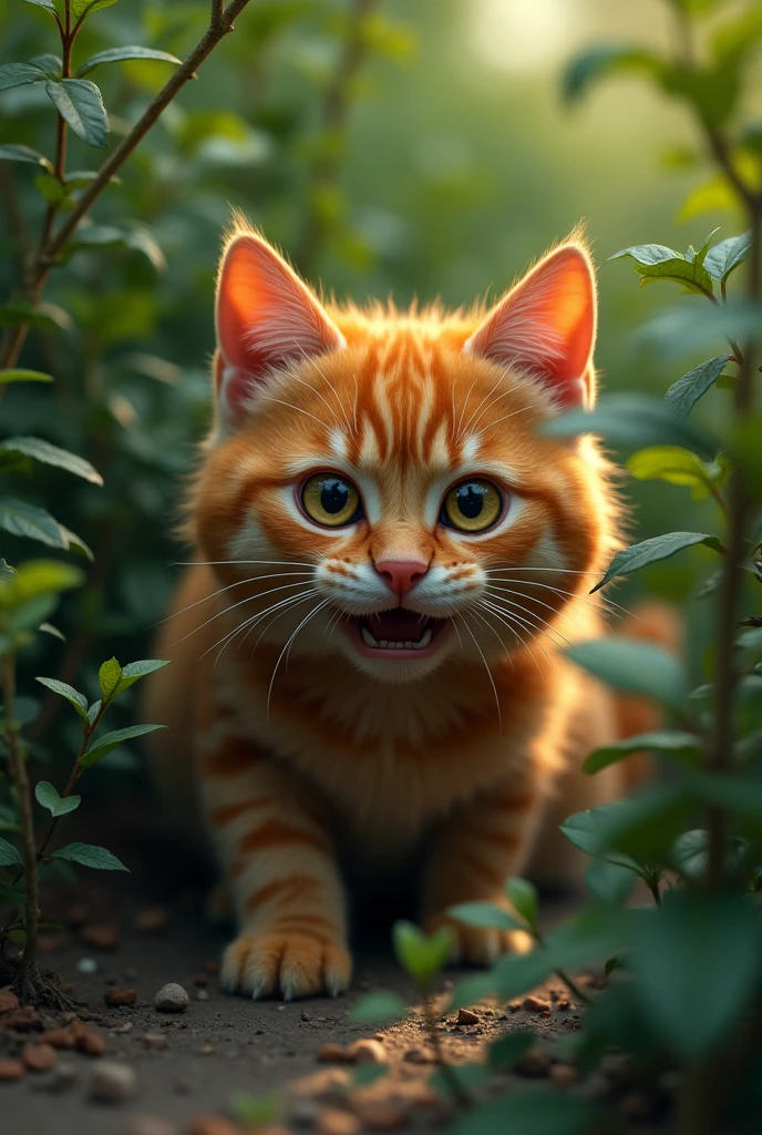 Orange cat looked scared in the bushes