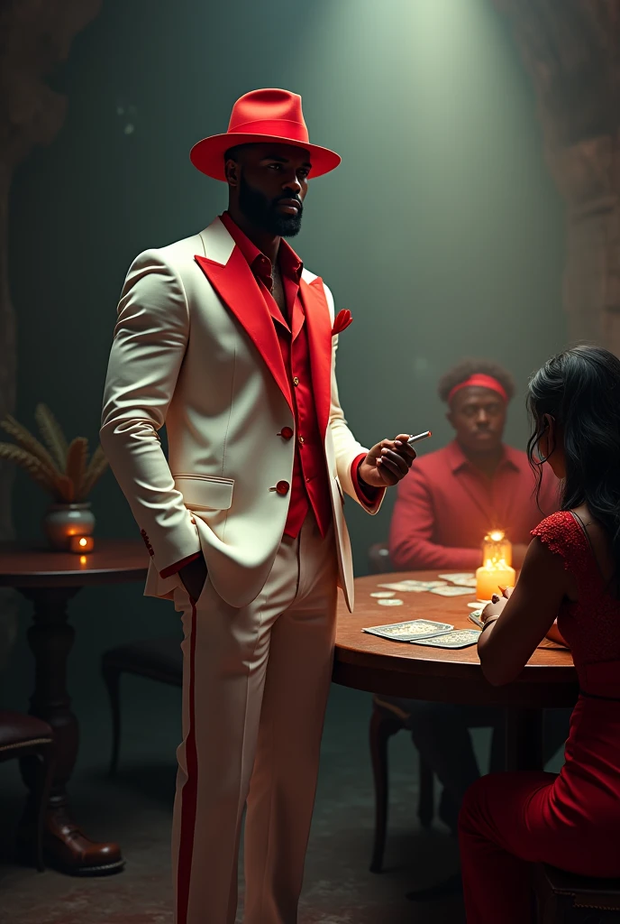 Your handsome little black guy in a white and bright red suit with a hat on one side smoking a cigarette next to a medium sitting at a table playing tarot for a client, around your ze to a very strong light