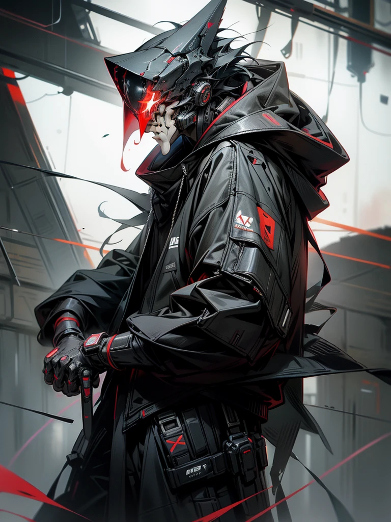 There is a boy wearing a ghost mask and a black hoodie，With a knife in his hand, Hyper-realistic cyberpunk style，Digital cyberpunk anime style，red colors