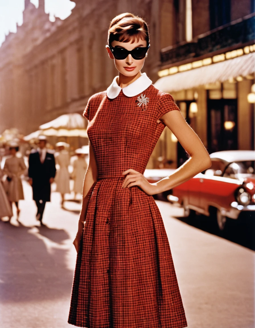 (masterpiece, Highest quality, Ultra-realistic, RAW Photos, Super detailed, Very detailed, Exquisitely crafted), (Realistic:1.4), (photography of Audrey Hepburn wearing a fashionable Plaid fit and flare dress with Peter Pan collar, Designed by Hubert de Givenchy), (smile), Fairy, Pure, Innocent, beauty, (thin), Supermodel, Adol, Breakfast at Tiffany's, sabrina, (slide_fashion), Depth of written boundary, (Full Shot), Film Grain, Zeiss Lenses, Symmetric, 8k resolution, Octane Rendering, Extremely high resolution detail, Fine texture, Dynamic Angle, (masterpiece, best quality, hyper realistic, raw photo, ultra detailed, extremely detailed, intricately detailed, 8k), (photorealistic:1.4), (photography of Audrey Hepburn wearing a fashionable Plaid fit and flare dress with Peter Pan collar, designed by Hubert de Givenchy), (smile), fairy, pure, innocent, beauty, (Slender), super model, adr, Breakfast at Tiffany's, sabrina, (glide_fashion), depth of field, (full shot), film grain, Zeiss lens, symmetrical, 8k resolution, Octane Render, extremely high-resolution details, fine texture, dynamic angle, 1960年代fashion, 1960s style sunglasses, 1960s Hairstyles, 1960s style headband