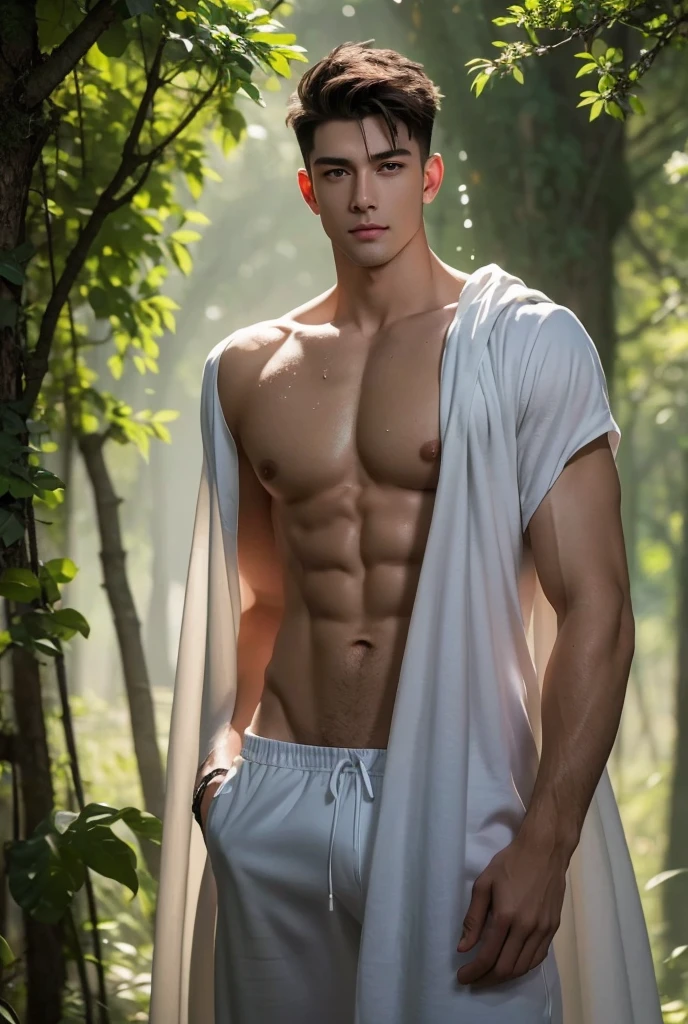 Superb Quality, Masterpiece, High Resolution, a tall handsome muscular young man, sexy gaze, Star Eyes, perfect body, (wearing sexy clothes), Jewelry, beautyful, gorgeous, wet, full body view, Tyndall Effect, Realistic, (Peach Blossom Forest), Light Edge, Two-tone Lighting, (High Detail Skin: 1.2), 8K UHD, DSLR, Soft Light, High Quality, Volume Lighting, Voyeur, Photo, High Resolution, 4K, 8K, Background Blur