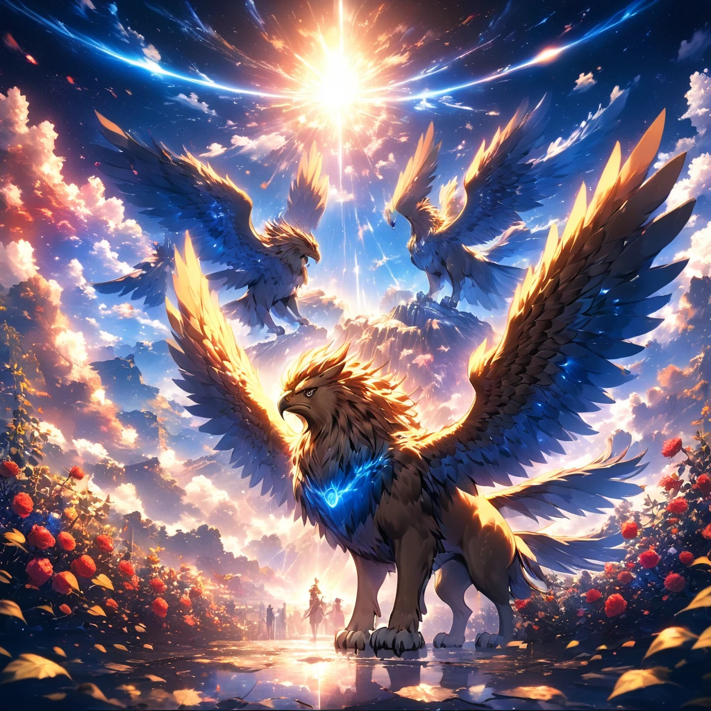 masterpiece, Concept Art, Panorama, ARW, griffin, in the center, shape, Wide Shot, garden, night, (meteor), Space galaxy background, (Great composition, Epic scale), Dynamic Lighting, Bright colors, Blue rose, drop shadow, anaglyph, stereogram, tachi-e, ass pov, atmospheric perspective, anime style, chromatic aberration, cinematic lighting, reflection light, 8K, super detail, best quality, uhd, high details, textured skin