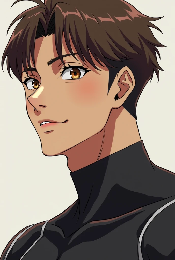an avatar made with anime features, more specifically the anime jujutsu kaisen, that he has brown hair, Caucasian skin, fine nose, eyes browns, black leagwear, It&#39;s beautiful, May your affection be neutral with a simple smile