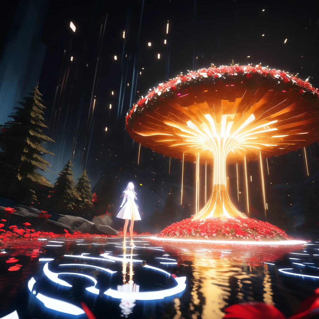 A white glowing woman standing on an island in the middle of red flowers. There is also a small tree made of gold and yellow light that stands over her head. A black background with reflection from neon lights on water below the floating girl's feet. A low angle shot, created in the style of Unreal Engine 5 and rendered in the style of Octane Render.