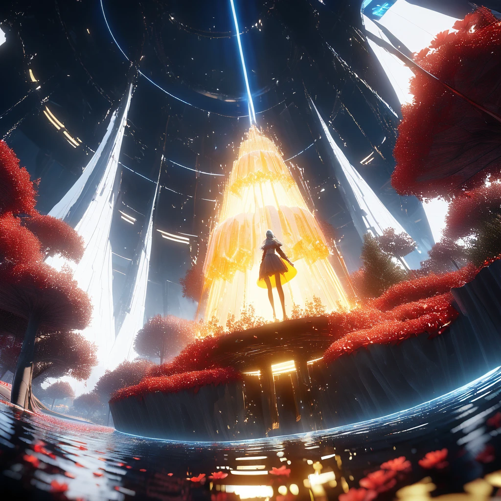 A white glowing woman standing on an island in the middle of red flowers. There is also a small tree made of gold and yellow light that stands over her head. A black background with reflection from neon lights on water below the floating girl's feet. A low angle shot, created in the style of Unreal Engine 5 and rendered in the style of Octane Render.