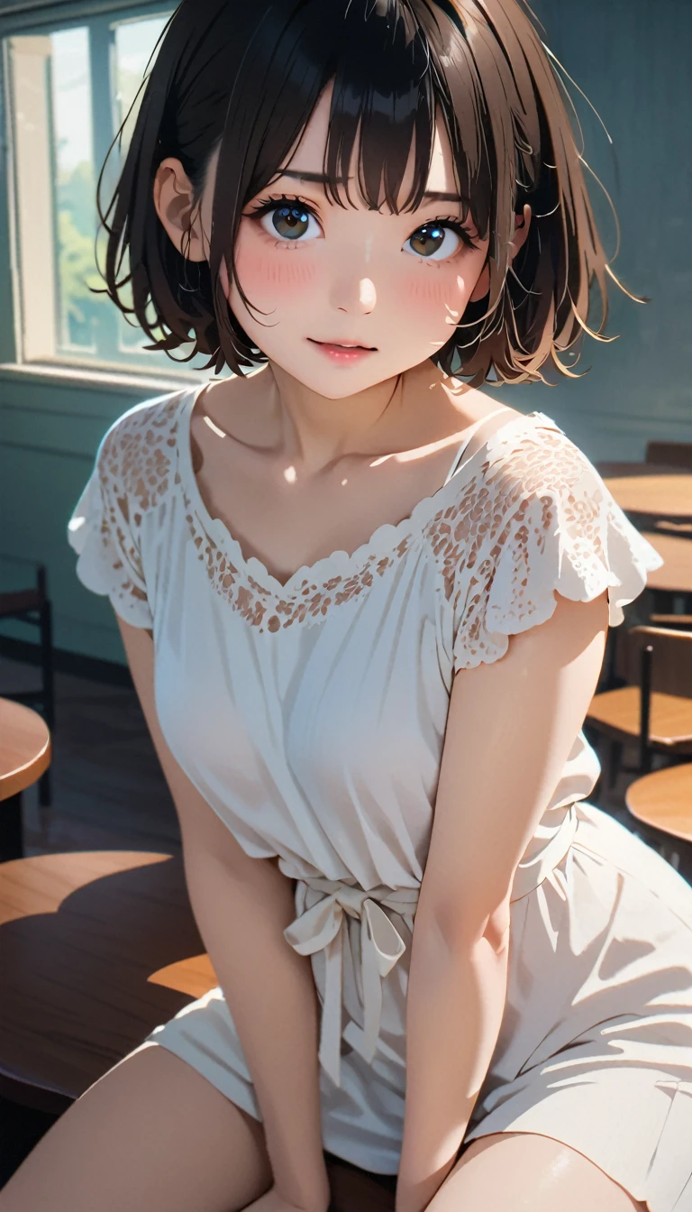 (masterpiece, Highest quality:1.2), 1 girl, alone、(Tabletop, Highest quality:1.2), 8k, 1, 85mm, Official Art, RAW Photos, Absurd, White dress、Cute Face, Viola Lace, Gardenia, beautiful girl,  Cinch waist, Thighs, Short sleeve, short hair、short hair,No makeup, (smile:0.4), Film Grain, chromatic aberration, Sharp focus, Face Light, Bright lighting, Teen, Detailed face、Spreading grassland、Standing on the Horizon、My hair flutters in the breeze