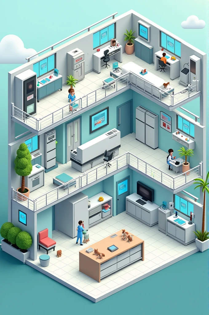 Physical structure of a veterinary clinic with an operating room, a laboratory, recovery area, Consultations and reception