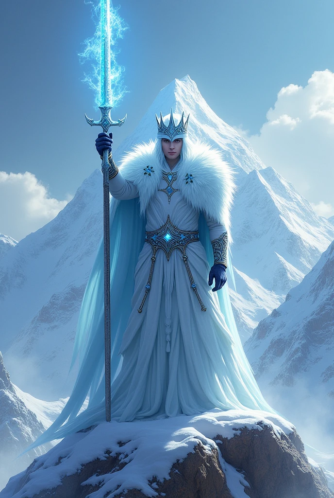 a young ice king with an ice crown and blue eyes on the peak of mount everest pointing a flaming sword high