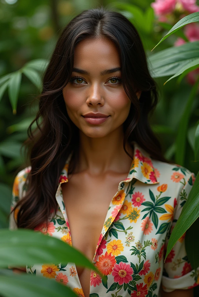 A Brazilian woman in a lush tropical garden, wearing an open shirt with a floral print, with a close-up capturing the harmonious beauty between her breasts and the natural flowers, showing off your natural charm and outgoing personality.