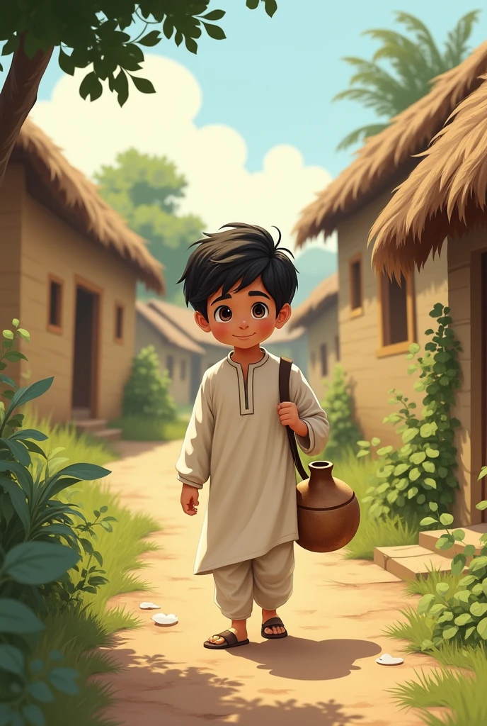 Make a story illustration art.
A boy in simple shalwar qameez, lives in a village, going to home to take a milk in the dol.