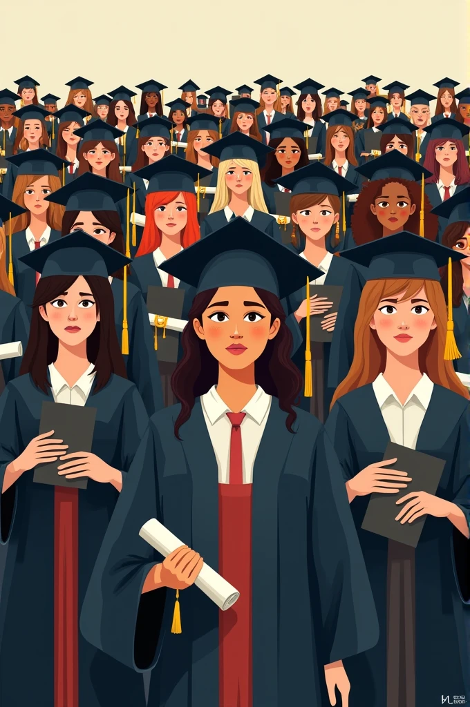 "Over-saturation of degrees"
A crowd of graduates all holding identical diplomas, but with some standing on the sidelines looking unsure or disappointed, representing the overabundance of degrees in the market.