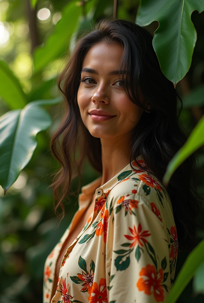 A Brazilian woman in a lush tropical garden, wearing an open shirt with a floral print, with a close-up capturing the harmonious beauty between her breasts and the natural flowers, showing off your natural charm and outgoing personality.